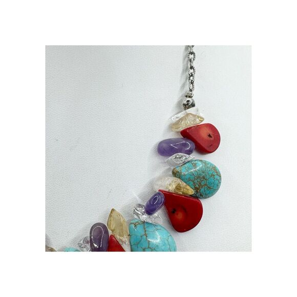 Turquoise Coral Amethyst Stone Collar Necklace Sterling Silver Southwest Boho - Picture 7 of 13